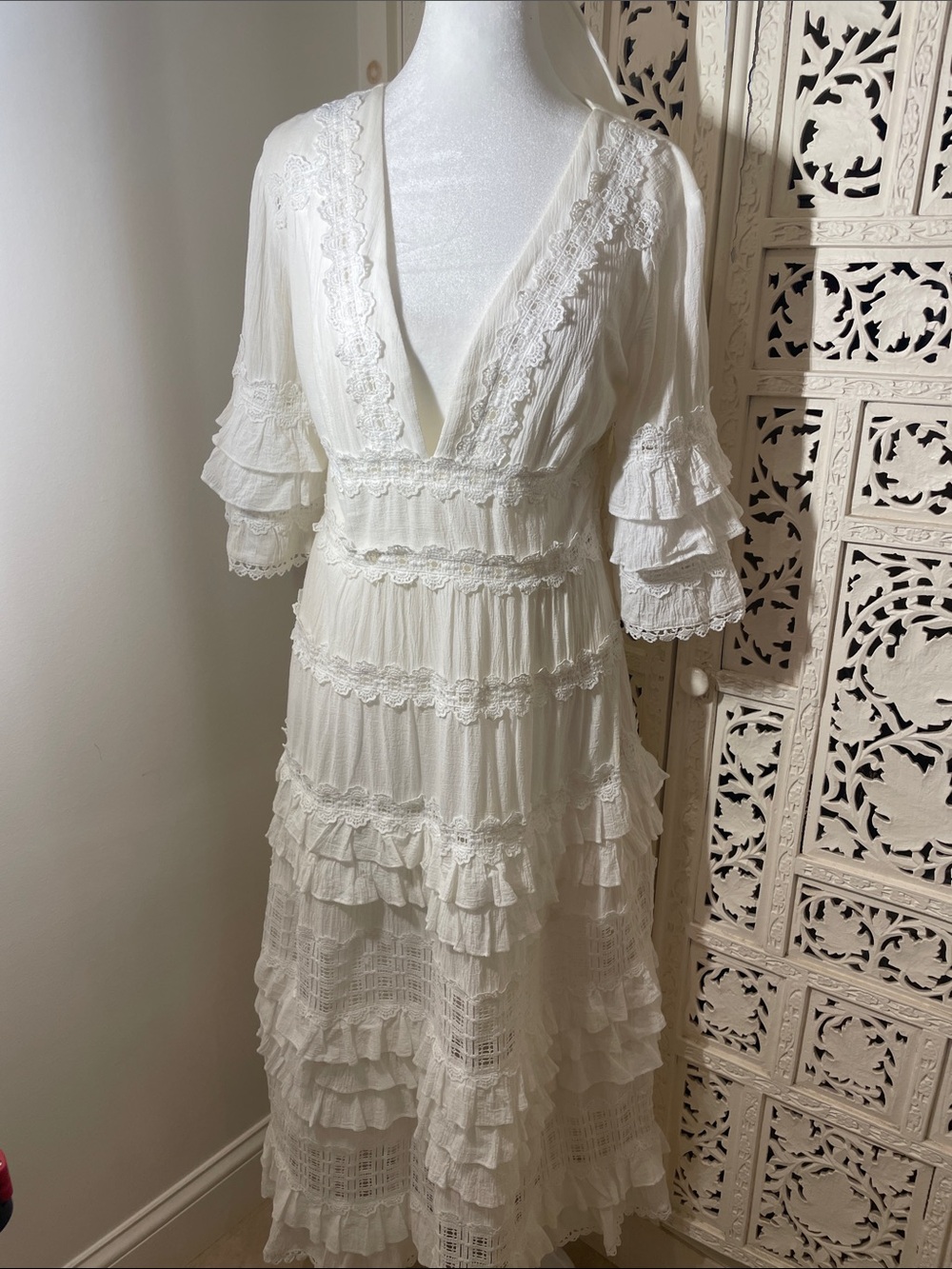 Ivory Tiered Ruffle Lace Maxi Dress